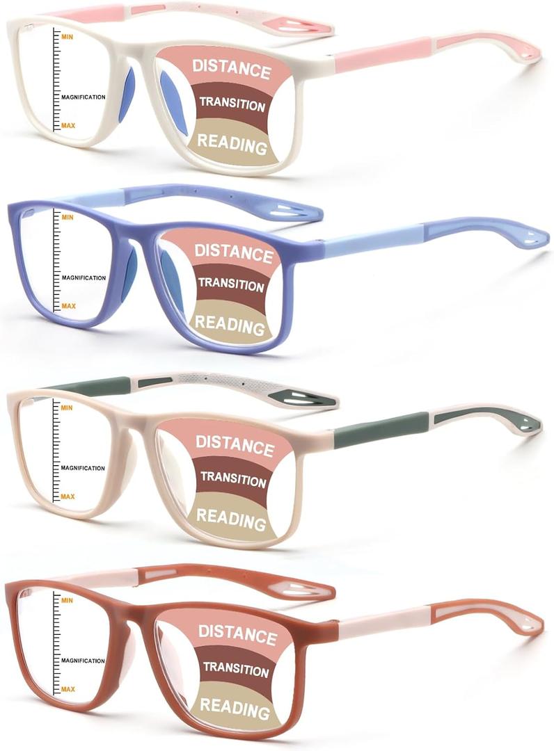 BLOEXCLU 4 Pack Progressive Multi focus Reading Glasses for Men Women TR90 Sports Style Anti-Blue Light Computer Readers