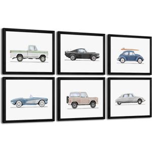 Blue Car Wall Art Decor Boys Room Wall Art Vintage Cars Canvas Poster Pictures Toddler Kids Room Prints Watercolor Vehicle Artwork Painting for Boys Bedroom Nursery 8x10 Inch Black Framed Set of 6