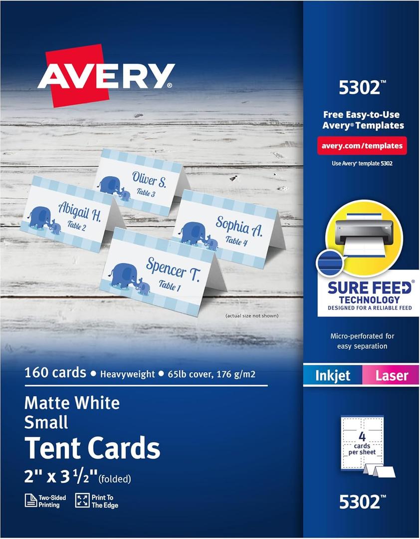Avery Small Tent Cards, 2 Inch x 3.5 Inch, White, Box of 160 (5302)