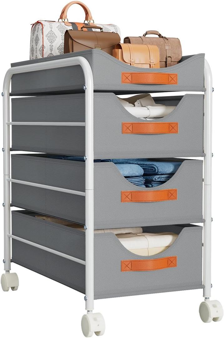 DIMJ Clothes Drawer 4 Tier - Fabric Closet Drawer System Rolling, Portable Closet Drawers for Clothes with Wheels, Small Closet Organizer & Replacement Drawers for Bedrooms, Office, Nursery, Grey