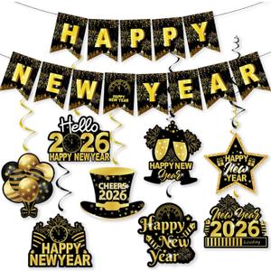 Happy New Year Banner & Hanging Swirls, 2026 Black and Gold Happy New Years Paper Banner Ceiling Swirl Streamers for New Years Eve Party Supplies