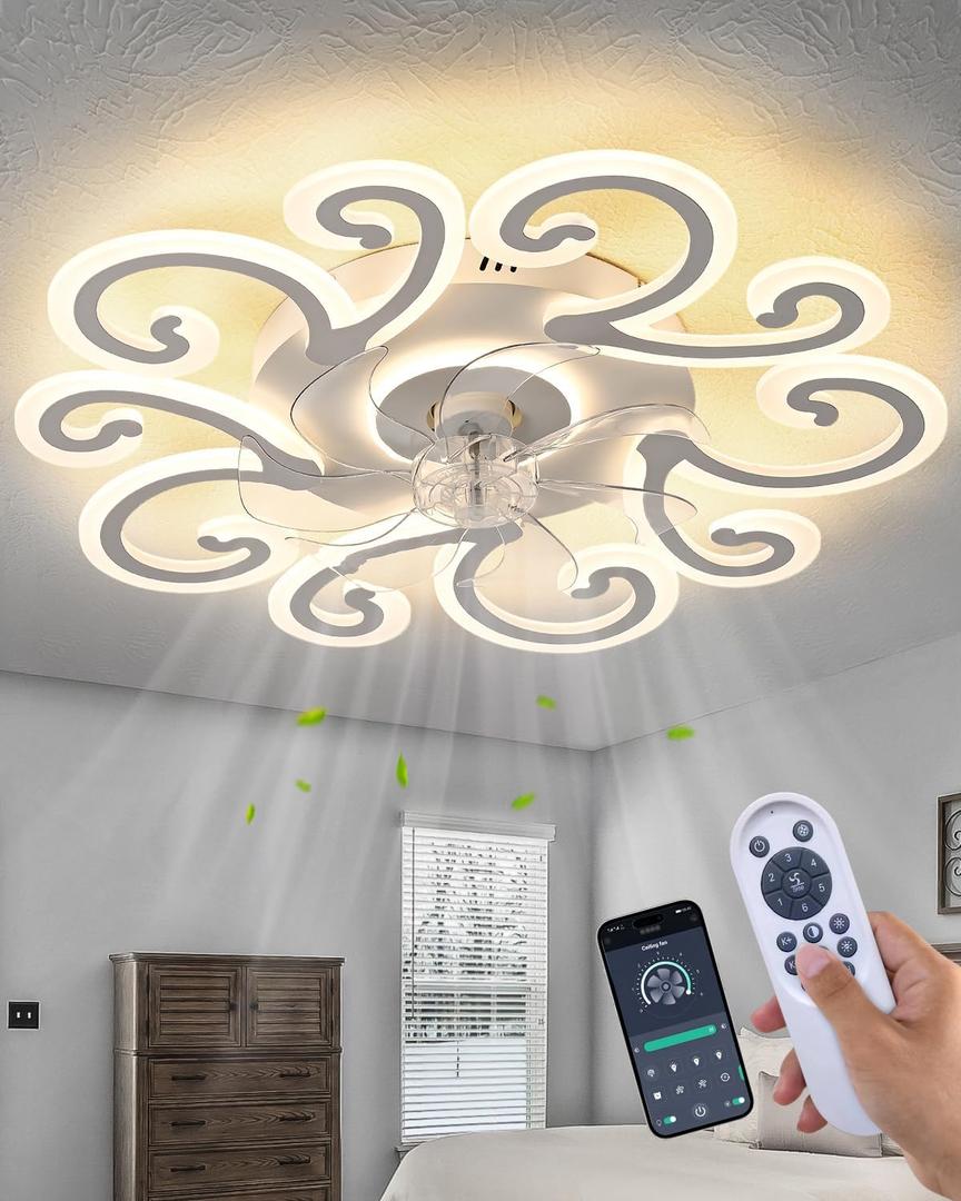 Remote-Controlled Ceiling Fan with Light, Modern Ceiling Fan with Lighting, Stepless Dimming with Color Temperature Adjustment, 6-Speed Settings, Suitable for Bedrooms and Living Rooms (White)