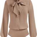 Kate Kasin Women Bow Tie Neck Office Blouse Button Down Long Sleeve Bodysuits Blouse Top (Small, Camel)