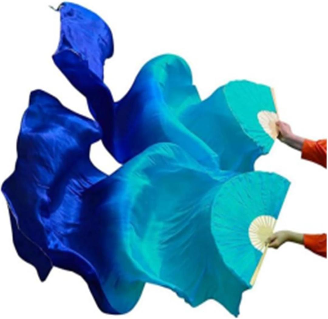 1 Pair(Left+Right) Faux Silk Belly Dance Fan Veil for Dance Performance, Length 180cm Width 90cm (Turquoise Blue)