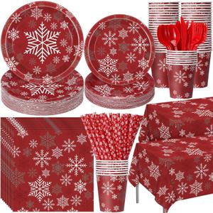Funnymoom 452 Pcs Christmas Snowflake Party Supplies for 50 Guests, Red White and Sliver Snowflake Paper Plates and Napkins Cups Tablecloth Cutlery Straws for Winter Xmas Birthday Party Decoration