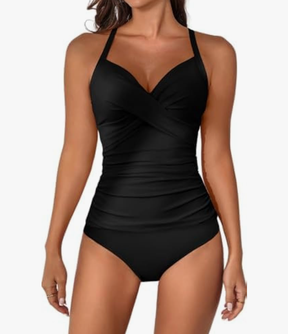 B2prity Women's Ruched Tankini Swimsuits V Neck Wrap Tie Back Two Pieces Bathing Suit Tummy Control Swimwear M