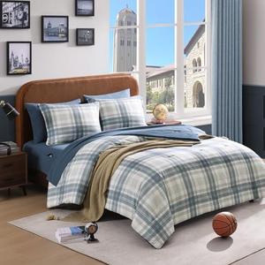 AMBERSPACE Plaid Queen Comforter Set, Blue Grey Bedding Set 7 Piece for Boys Girls Teen, Classic Homestead-Style Kids Comforter Set Bed in A Bag with Sheets, Pillowcases & Shams