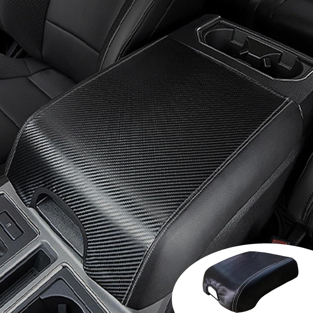 Pincuttee Center Console Cover for 15-21 Ford F150 F250 F350 F450,Carbon Fiber Leather Armreat Cover,Middle Console Cover Box Protector Cover for Ford with Bucket Seat(15-21 Carbon Fiber,1PC)