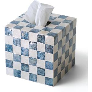 CHI AN HOME 5.7" Square Tissue Box Cover, Handmade Checkered Cube Tissue Box Cover with Capiz Shells, Decorative Tissue Holder for Living Room, Bathroom, Bedroom or Office (Navy Blue)