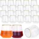 24 Pack Plastic Ribbed Wine Glasses with Gold Rim, 14oz Stemless Disposable Wine Cups, Clear Unbreakable Outdoor Cocktail Glasses, Heavy Duty Reusable Plastic Drinking Cup for Party Wedding Mimosa Bar