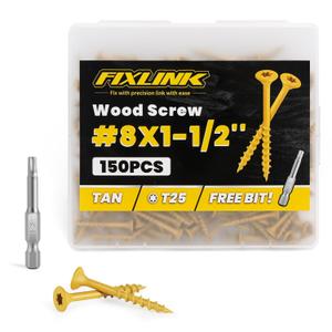 Wood Screws 1-1/2 Inch, FIXLINK Deck Screws #8 x 1-1/2", 150 PCS, Epoxy Coated, T25 Star Bit Above 1500 Hour Salt Spray Coating Outdoor Decking Screws Excellent Rust Resistant for Outdoor Wood Fence