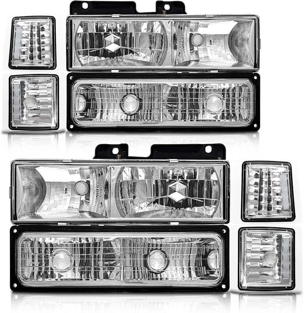 for 1994-1998 Chevy Silverado Headlights Assembly Compatible with 94-98 Tahoe/Suburban/C10/C/K Chrome Housing Clear Reflector Replacement Driver and Passenger SideW/O Bulb