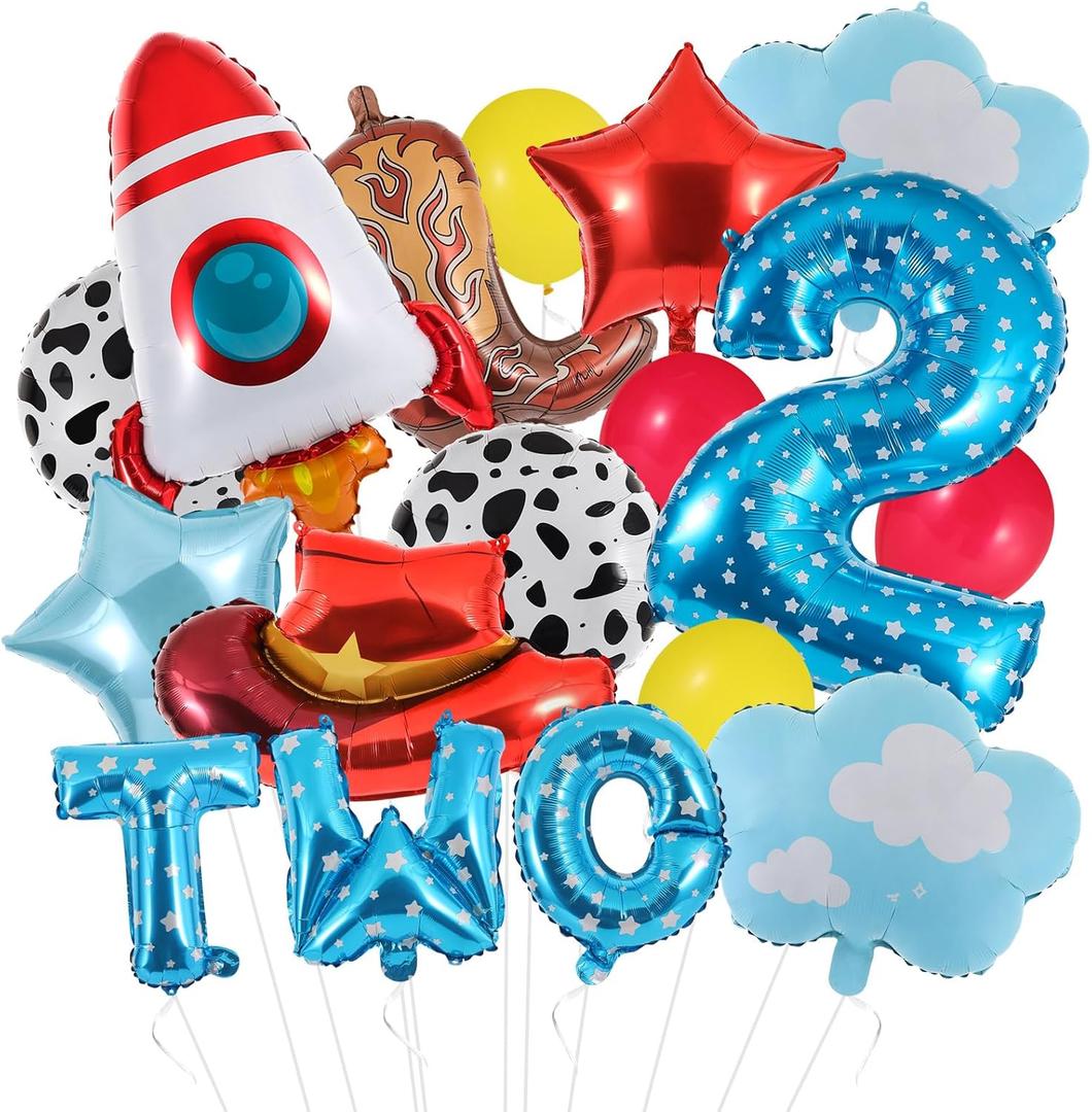 17Pcs Toy Themed Party Decorations Cartoon 2nd Birthday Decorations Blue Sky Clouds Cowboy Hat Boots Rocket Balloons Two Infinity and Beyond Toy Inspired Birthday Party Supplies