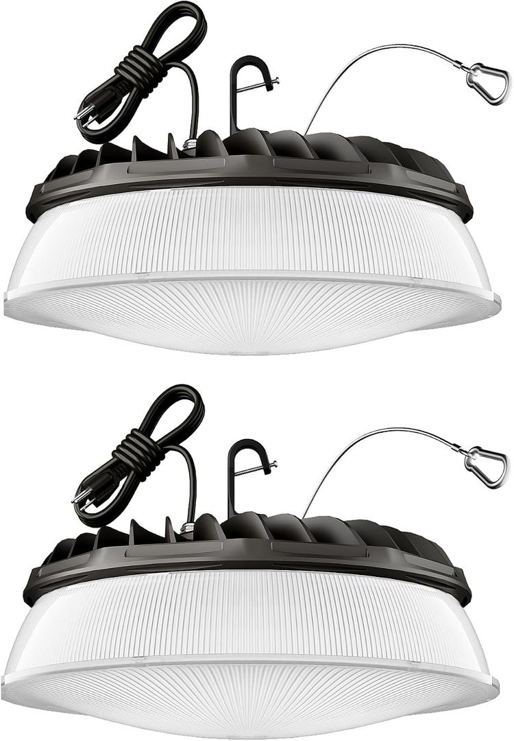 Elaruslux 200W 2 Pack UFO LED High Bay Light with Diffuser 28,000lm 5000K LED High Bay Lights AC110-277V 5' Cable with Plug Waterproof UFO Lights for Garage Shop Gym Factory
