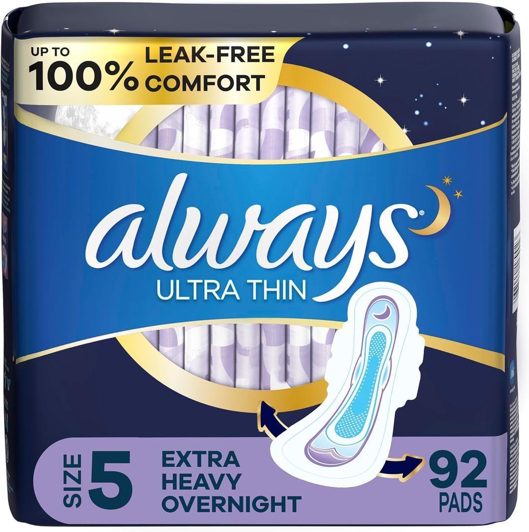 Always Ultra Thin Feminine Pads for Women, Size 5, Extra Heavy, Overnight Absorbency with Wings, 46 Count x 2 Packs (92 Count Total)