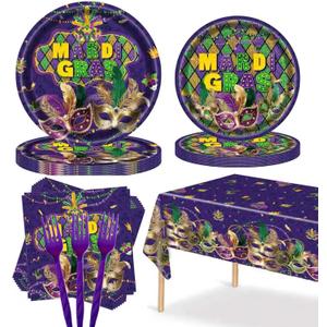 Mardi Gras Party Plates and Napkins Supplies -101Pcs-Carnival Theme Tableware with Forks & Tablecloth, for Parades,Celebrations & Fat Tuesday Decorations,Serves 25
