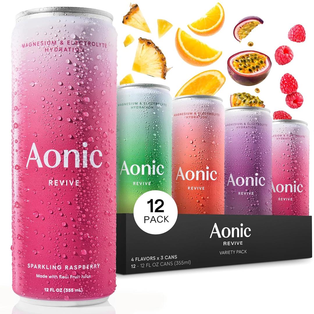 Aonic Revive Electrolyte Drink for Hydration & Recovery, No Added Sugar, Caffeine-Free with Magnesium,B Vitamins Naturally Flavored- 12 Fl Oz Cans (12-Pack), Variety - Pineapple, Raspberry, Orange & Passionfruit (EXP 08/19/26)