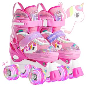 SUPER YOUNGSTER Adjustable Light Up Kids Unicorn Roller Skates for Girls Ages 4-6 5-8 8-12, Toddlers Beginner Cat RollerSkates (Medium-Big Kid (13C-3 US), Pink)