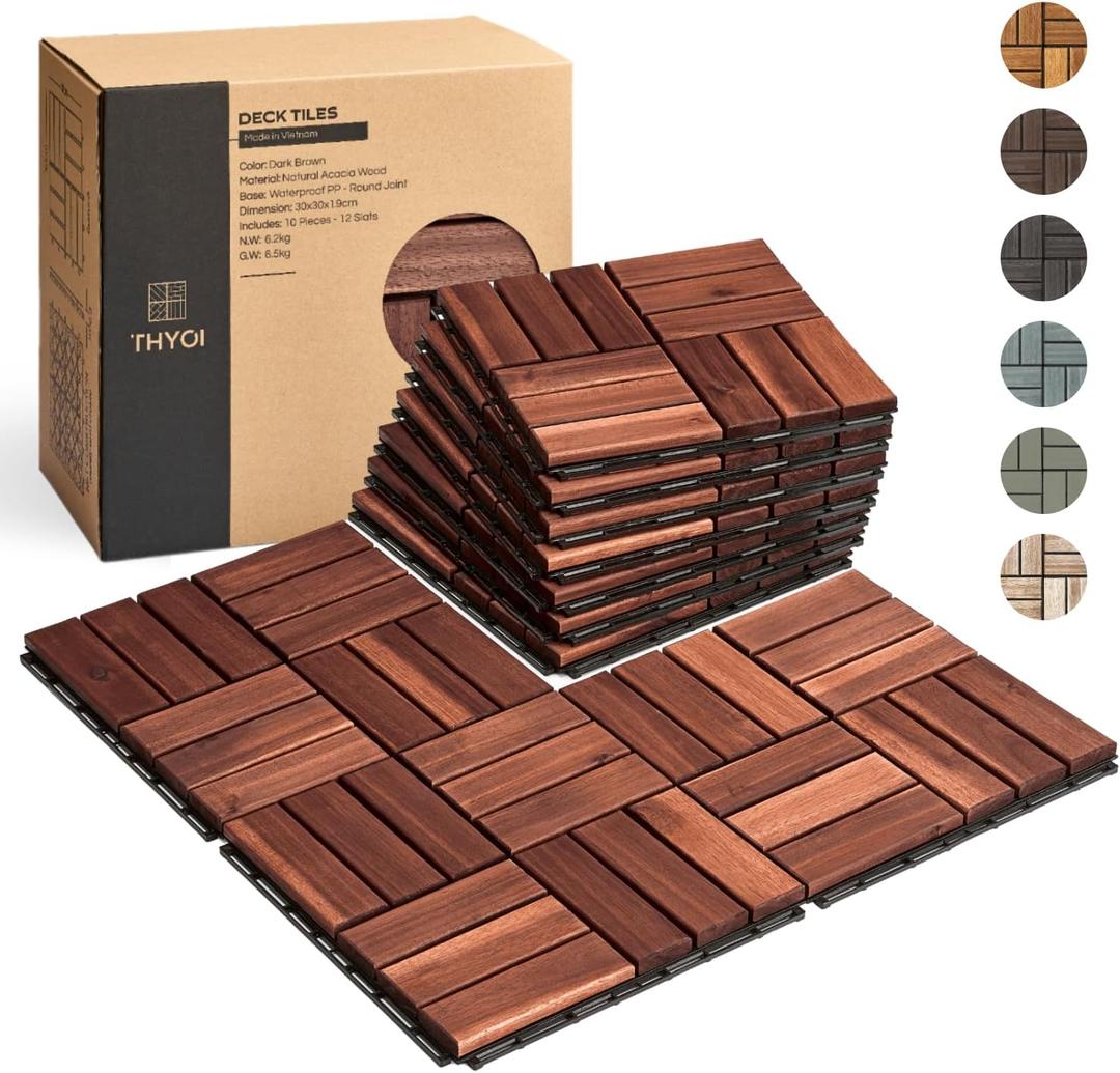 THYOI Premium Deck Tiles, Patio Flooring - Outdoor Waterproof Acacia Wood Tiles for All Weather Use - Balcony, Backyard, Indoor & Outdoor (Square Ft) (10, Dark Brown, 12S)
