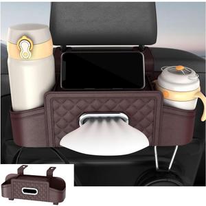 Mandark Car Headrest Backseat Organizer, Multifunctional Vehicle Seat Back Storage Box with Drink Cup Holder and Hooks, Automotive Travel Accessories, Universal for SUV, Sedan, Truck (Brown)