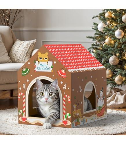 KAQJW Christmas Detachable Felt Cat Bed Condo Shelter House for Indoor Use - Easy to Assemble, Durable and Warm Funnest - Cozy Shelter with Built-in Scratching Board and Bonus Cat Toys
