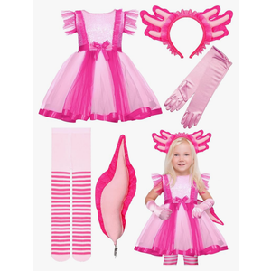 5 Pcs Pink Axolotl Costume for Girl Pink Tutu Skirt Halloween Cosplay Set for Kid Halloween Dress up Cosplay Party S