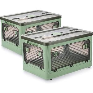 Aimisin Folding Storage Bins, 36 Liters, 2 Pcs Green Plastic Storage Containers with Wheels, Four Doors, Foldable, Stackable, Plastic Box with Lids for Organization, Storage Cart
