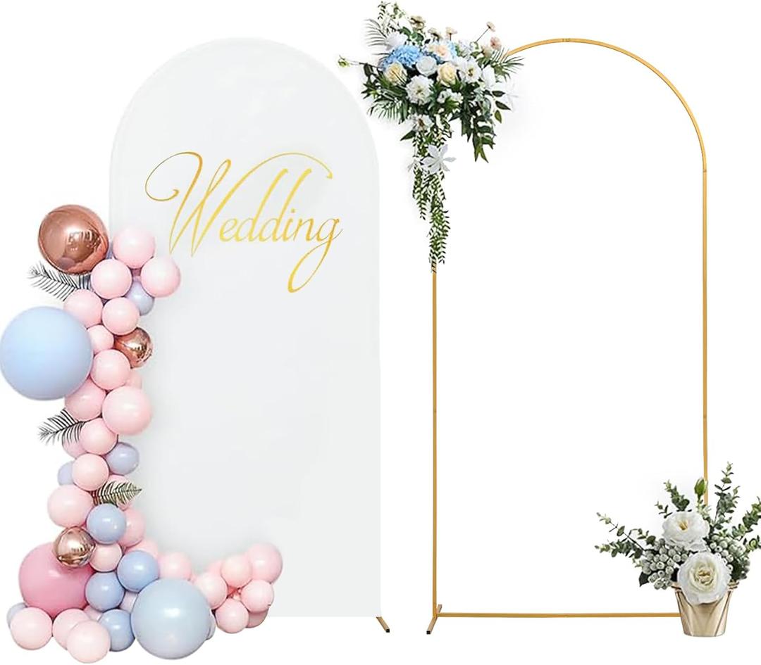 SuuWoee 6FT Wedding Arch Backdrop Stand and White Arch Cover, Gold Wedding Arch Stand Balloon Arched Frame White Cover for Birthday Party Wedding Ceremony Bridal Baby Shower Event Decor