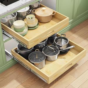 2Pack Pull Out Cabinet Organizer, Soft Close Wooden Slide Out Drawers for Pots, Full-extension Roll Out Shelves for Kitchen Cabinets, Pantry Organization, Bottom and Side Mount(21"W X 21"D x 3.4''H)