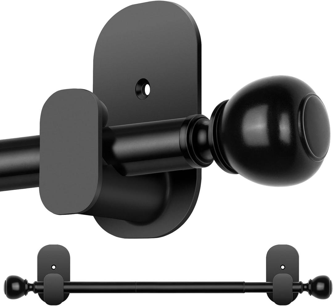 Curtain Rods No Drilling 32 to 58 Inches, USFOOK 5/8 Inch No Drill Curtain Rods for Windows with 3M Adhesive Brackets, Renter Friendly Curtains Pole with Black Round Finials