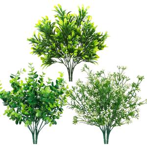 Ouddy Decor 6 Bundles Artificial Greenery Stems Mixed Fake Plants Eucalyptus Stems Babys Breath Faux Plastic Artificial Plants & Flowers for Outdoor Indoor Garden Home Window Box Decor (White)