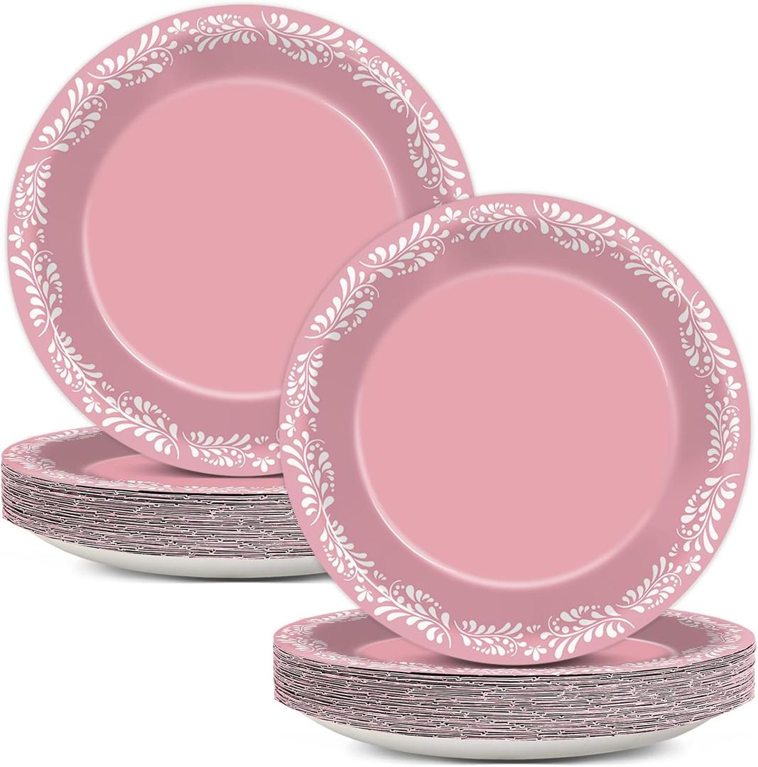 50Pcs Pink Platos De Barro Cielito Lindo Party Plates 7-in Mexican Supplies Talavera Baby Shower Paper Dessert Plates Dinnerware Fiesta Tableware Set for 50 Guests Birthday Wedding Party Decorations