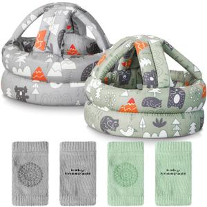 Geyoga 2 Pack Baby Head Protector with 2 Pair Toddler Knee Pads Baby Helmet for Crawling Walking Adjustable Soft Safety Headguard Toddler Protective Cap 6-12 Months 1-2 Years Old(Forest)