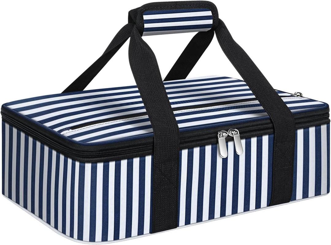 MIAOJIE Insulated Casserole Carrier, Portable Casserole Carrier for Hot or Cold Food Lunch Tote Warmer or Cooler Bag, Lasagna Lunch Bag for Potluck Parties- Fits 9" x 13" Baking Dish-Blue Stripes
