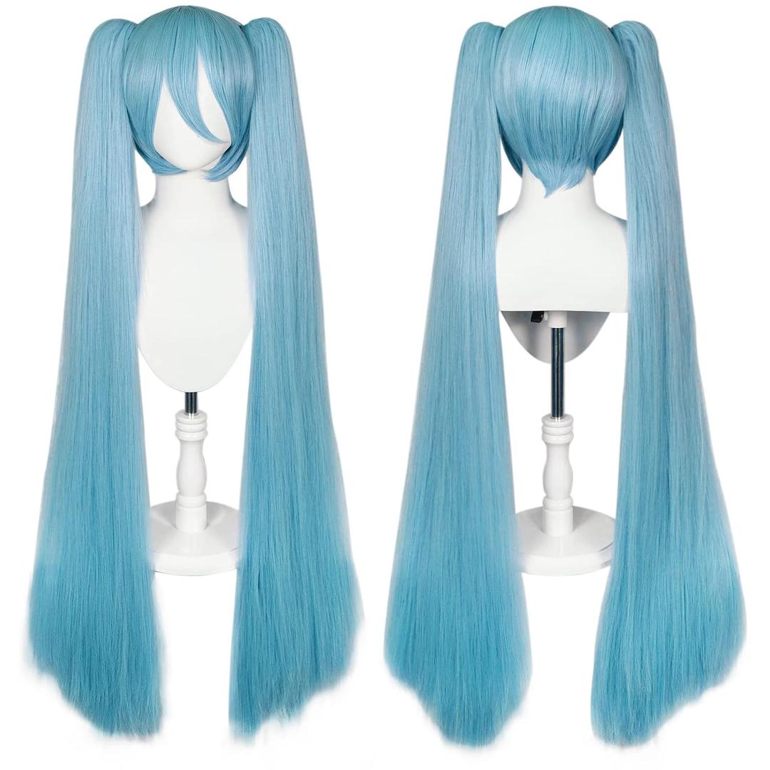 47 Inch Blue Wig with Bangs for Women with Two Ponytails + Wig Cap Long Straight Blue Wig Synthetic Cosplay Wig for Anime Halloween Party