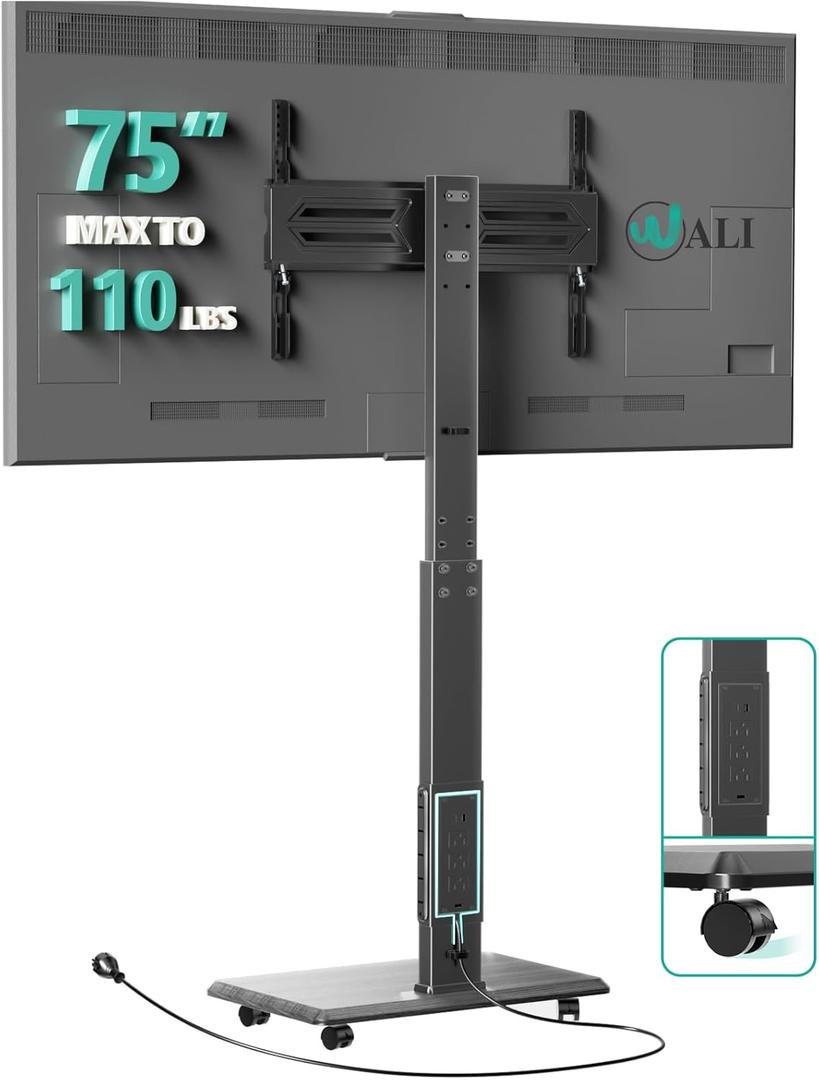 WALI Rolling TV Stand with Power Outlet & AV Shelf, Mobile Tall TV Stand Mount on Wheels for 32-75 inch TV up to 110 lbs, Swivel Height Adjustable TV Cart with Wood Base for Bedroom(TVDVD-6PR), Black