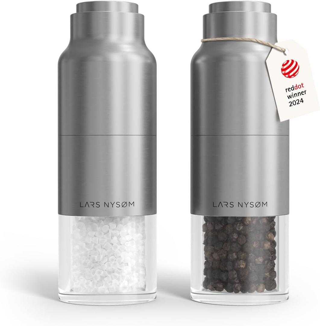 LARS NYSM Salt and Pepper Grinder Set, Stainless Steel Manual Salt and Pepper Mills, Adjustable Ceramic Grinder, Design Spice Shakers (Stainless Steel)