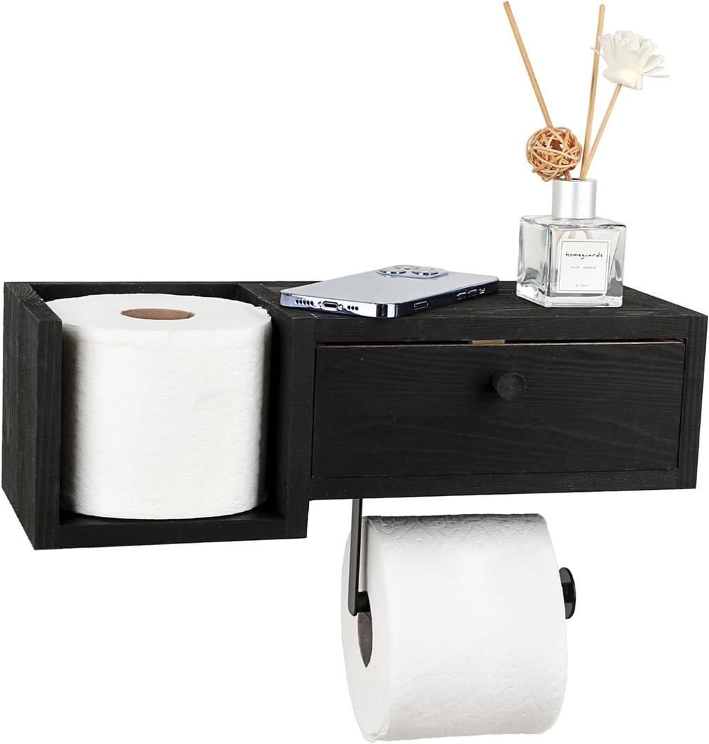 Sumnacon Wood Toilet Paper Holder - Rustic Toilet Paper Holder Wall Mount - Vintage Toilet Paper Holder with Shelf for Bathroom, Kitchen Decor,Black