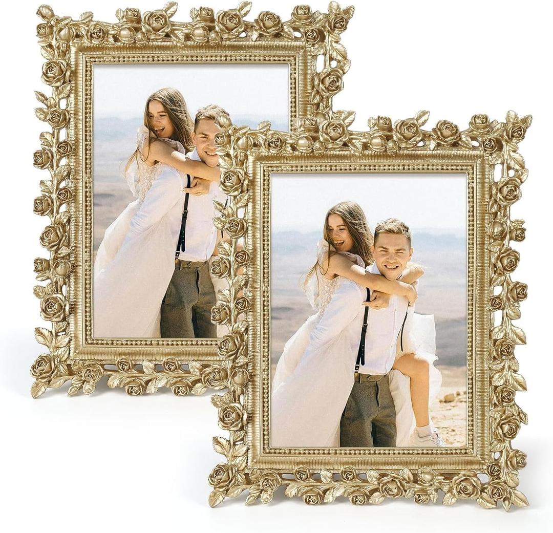 5x7 Wedding Frame Gold, 2 Pack Decorative Picture Frame with Stand for Tabletop Shelf Decor, Antique Brass Floral Photo Frame for Christmas Thanksgiving Engagement Gift