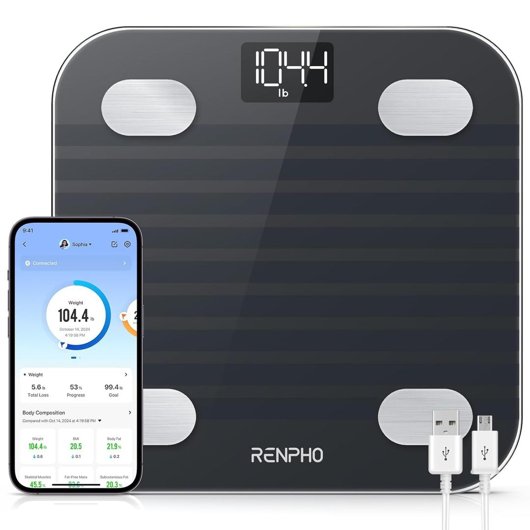 RENPHO Rechargeable Smart Scale for Body Weight, Electronic 13 Body Composition Monitors sync with App, Bluetooth Digital Bathroom Scales, Elis 1, Black, 396 lbs (10.2"/260mm)