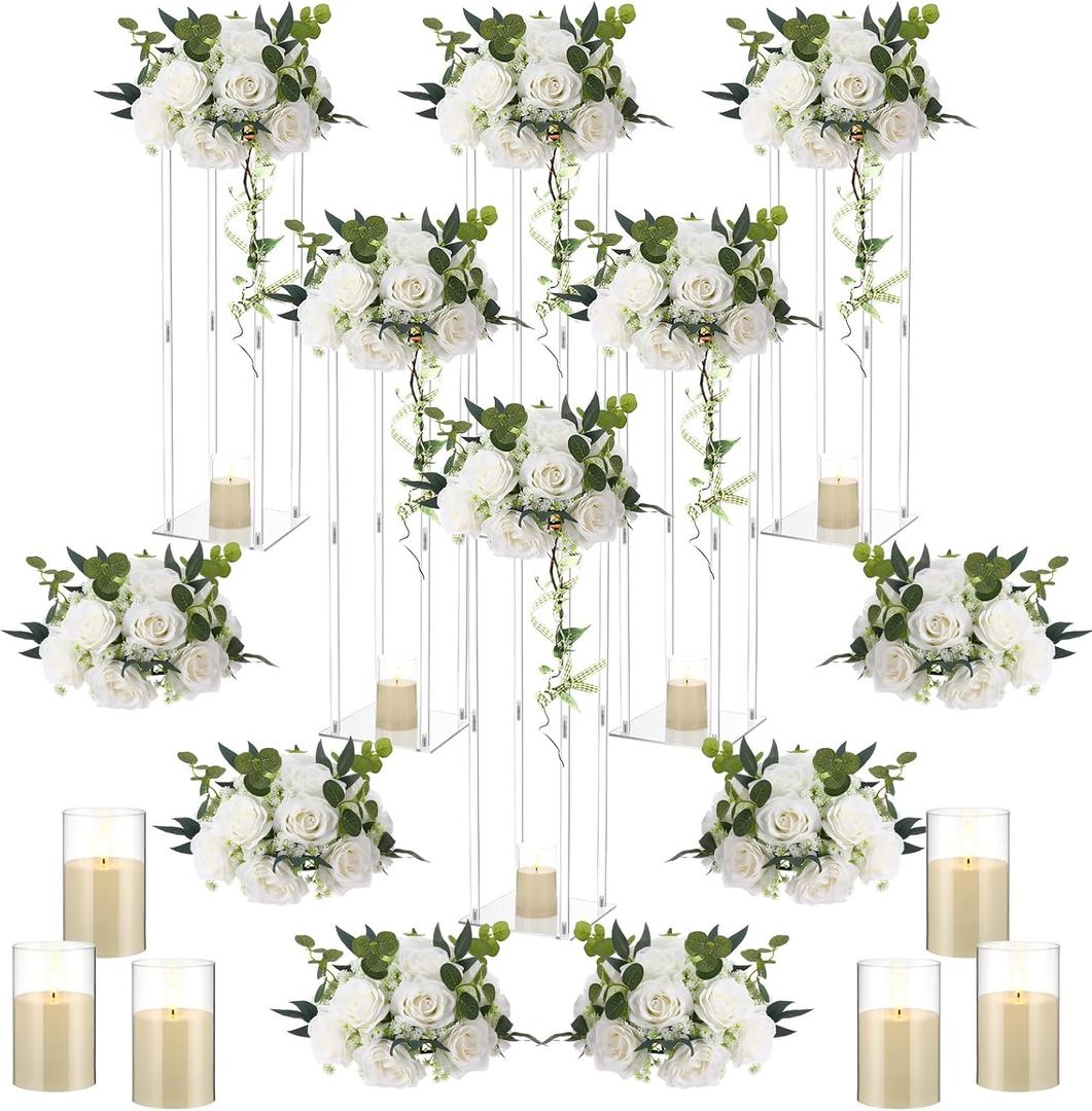 Daifunli 6 Set 20 Inch Acrylic Vase Stand Wedding Centerpieces Holder with Artificial Flower Balls and LED Lights Candles for Wedding Party Table Home Decorations