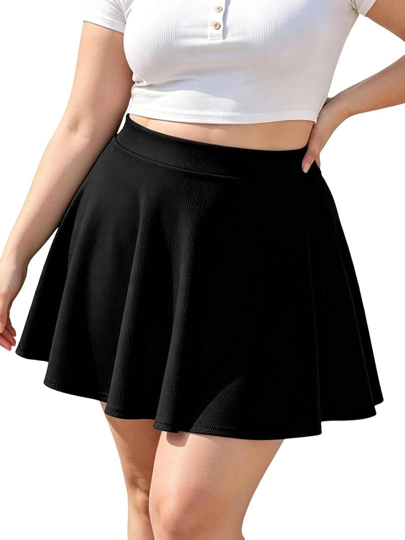 Moon Wood Women's Plus Size Skater Skirt High Waisted Stretchy Flowy Flared Summer Casual Basic Mini Skirts for Daily (Black)