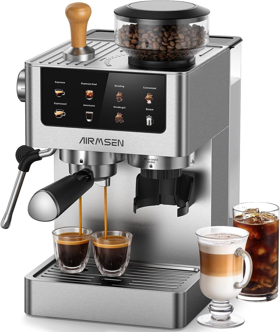 AIRMSEN Espresso Machine with Grinder, 20 Bar, Milk Frothing Steam Wand