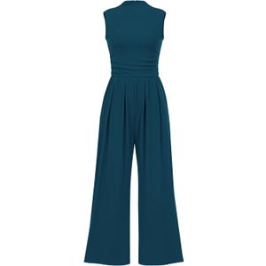 PRETTYGARDEN Womens Summer Jumpsuits Dressy Casual One Piece Outfits Sleeveless Mock Neck Wide Leg Pants Rompers with Pockets (X-Large, Lake Blue)