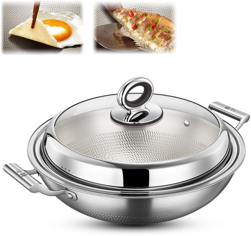 Titanium Hammered Wok with Double Handles, 2026 New Multifunctional Ultra-Durable Scratch-Resistant Non Stick Even Heating Titanium Wok for Cooking,with lid,15.75IN