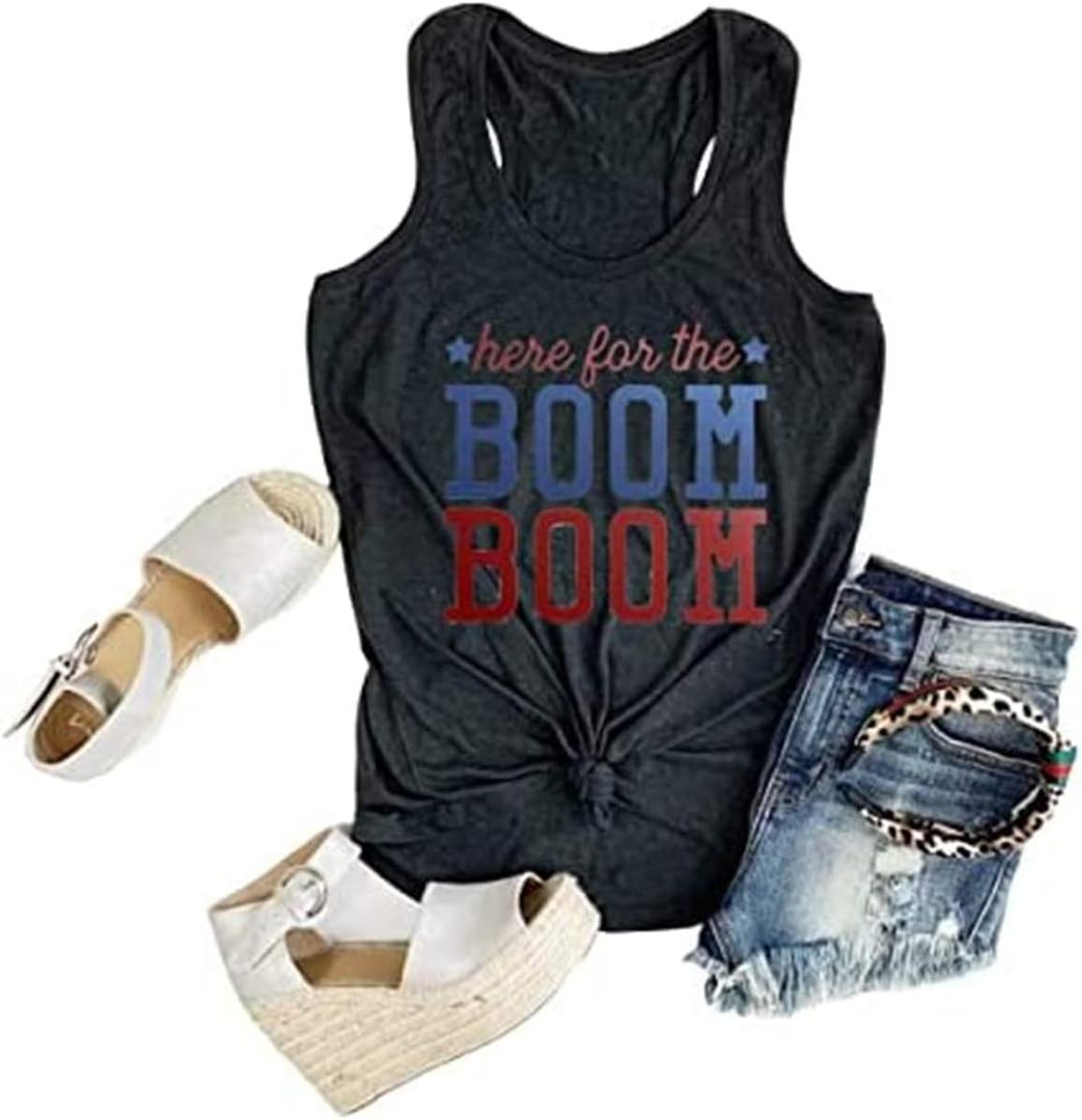 Women's Here for The Boom Tanks Tops 4th of July Shirts Graphic Tee Patriotic Independence Day Sleeveless Shirt (Medium, Black)