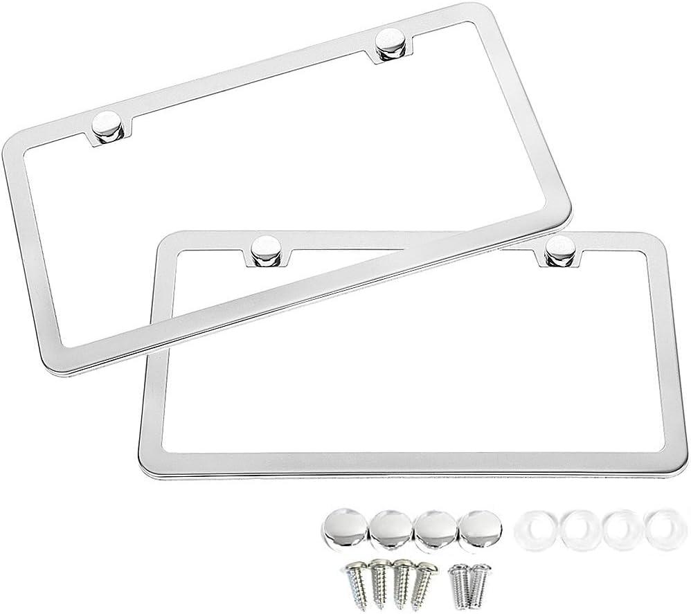 SunplusTrade 2 Stainless Steel Polish Mirror License Plate Frame + Chrome Screw Caps (Silver)