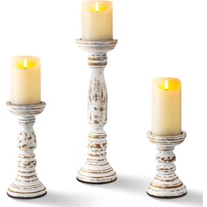 Homemory Farmhouse Wood Candle Holders for Pillar Candles Set of 3, Rustic Candle Holders for Table Centerpiece, 13" 9" 6" Vintage Tall Candle Stand Decorative for Dining Fireplace Living Room (White)