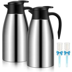 68oz Thermal Coffee Carafe, 2 Pack Airpot Insulated Coffee Urns Stainless Steel Vacuum Thermal Pot Dispenser for Coffee, Hot Water, Tea, Hot Beverage - Keep 12 Hours Hot, 24 Hours Cold (Silver,Silver)