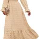 BTFBM Women Fall Maxi Dresses 2025 Long Sleeve V Neck Swiss Dots High Waisted A-Line Ruffle Boho Long Dress Vacation, Size M